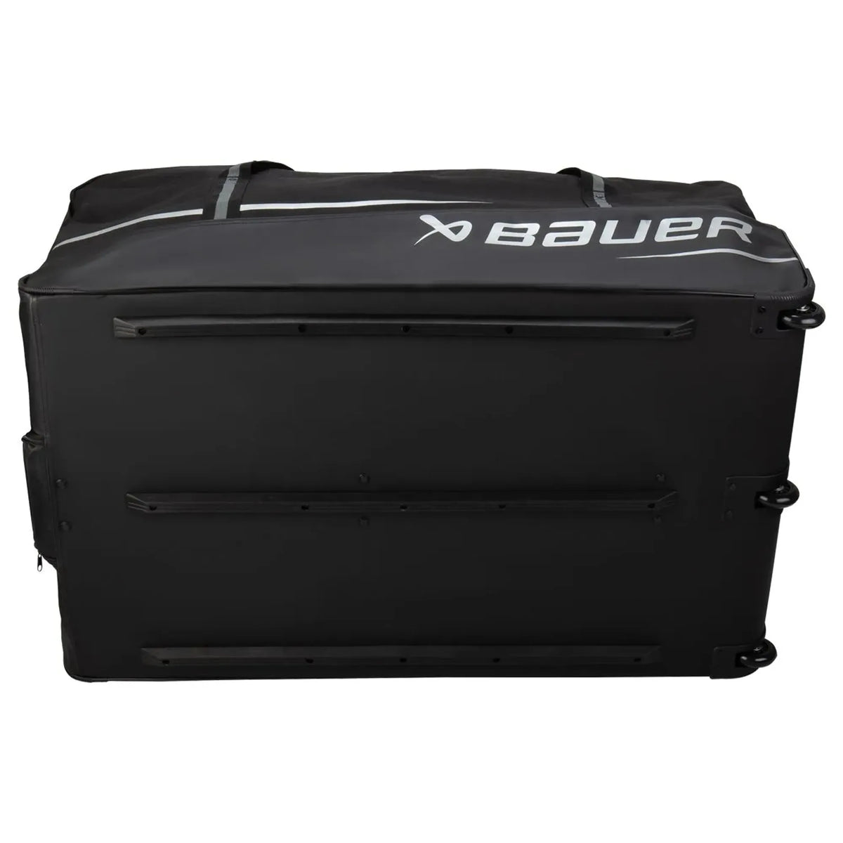 Bauer Premium S24 Wheeled Goalie Bag, Black, underside showing wheels and reinforced base, model 1063634
