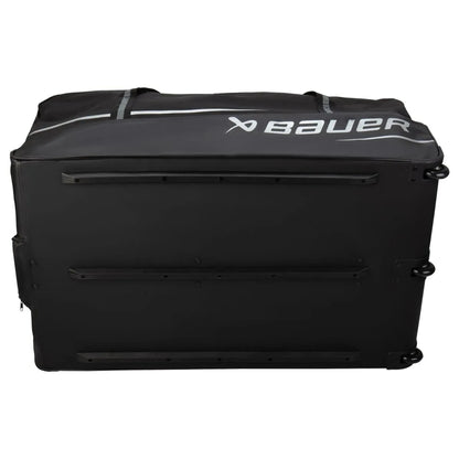 Bauer Premium S24 Wheeled Goalie Bag, Black, underside showing wheels and reinforced base, model 1063634