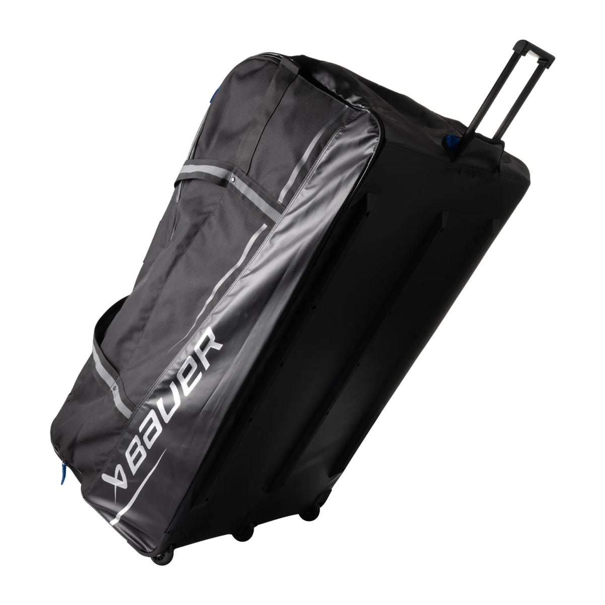 Bauer Premium S24 Wheeled Goalie Bag, Black, extended handle angle, model 1063634