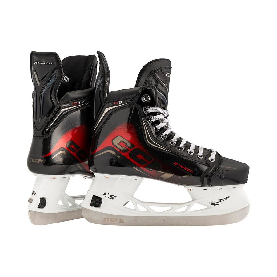 CCM Jetspeed FT8 Senior Hockey Skates pair, rear and side view