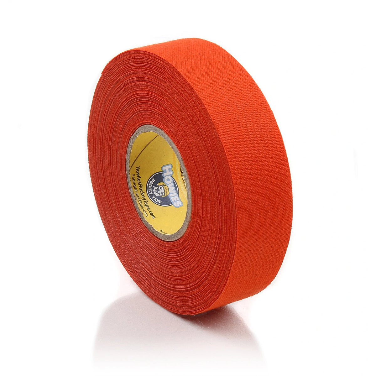 Howies orange cloth hockey tape, single 1 inch by 24 yard roll, on white background