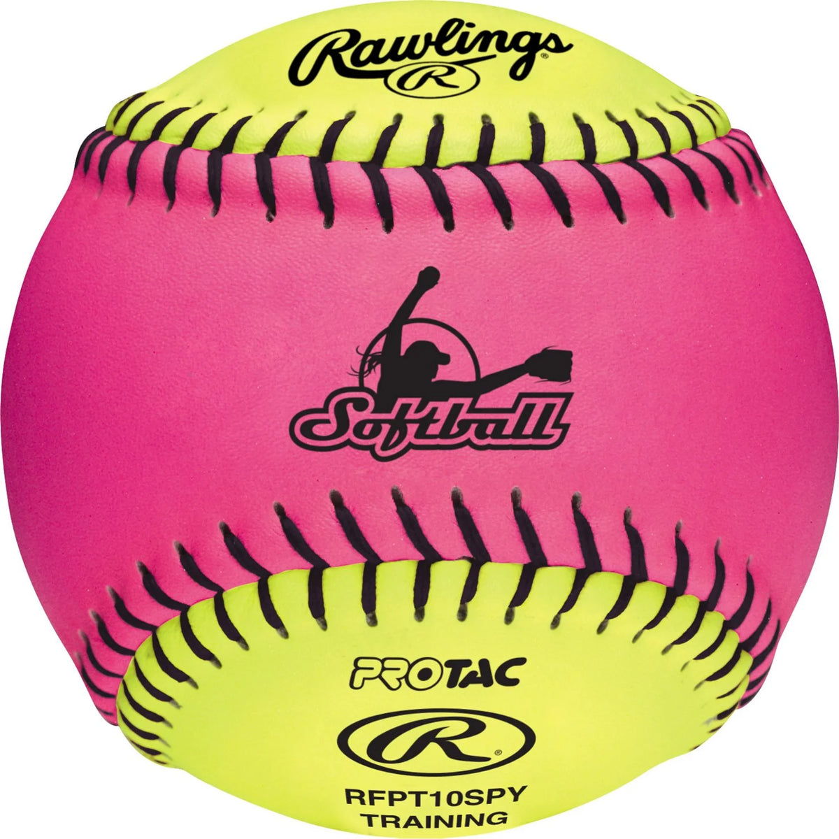 Rawlings RFPT10SPY 10-inch youth training softball pink/yellow, UPC 083321042010
