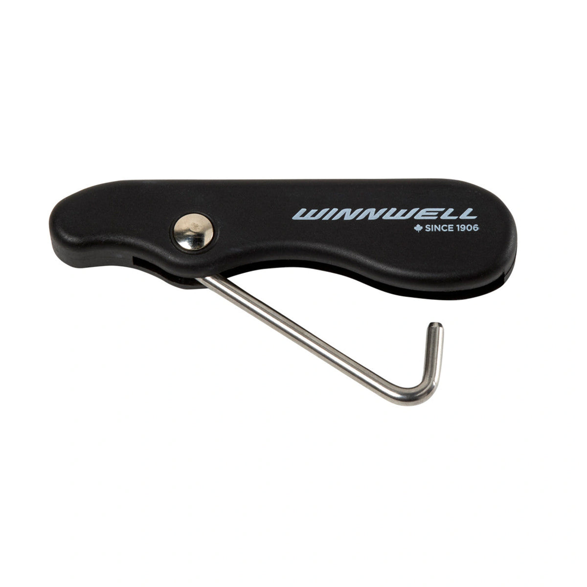 Winnwell HT0101 Black hockey skate lace tightener tool with folding metal hook on white background